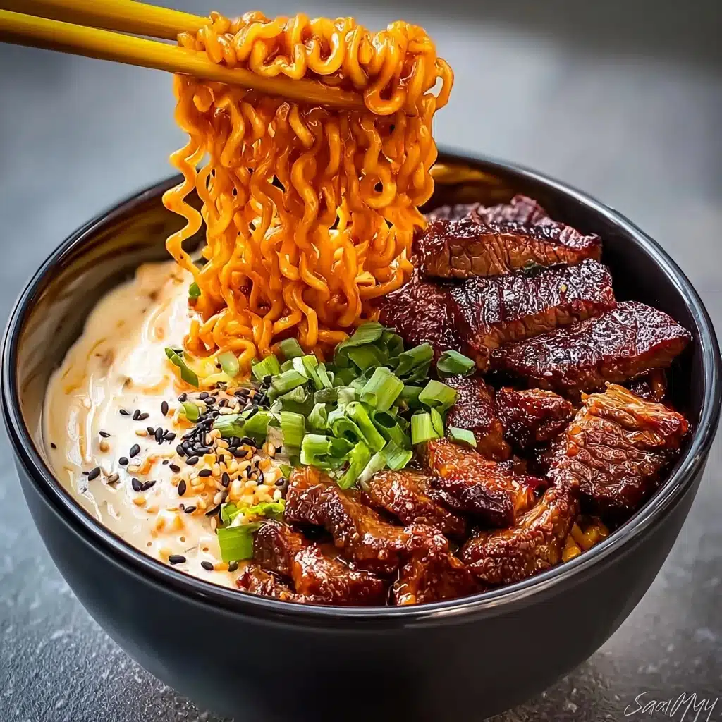 Spicy Korean Ramen with Grilled Beef & Creamy Sauce Recipe - Recipe Image