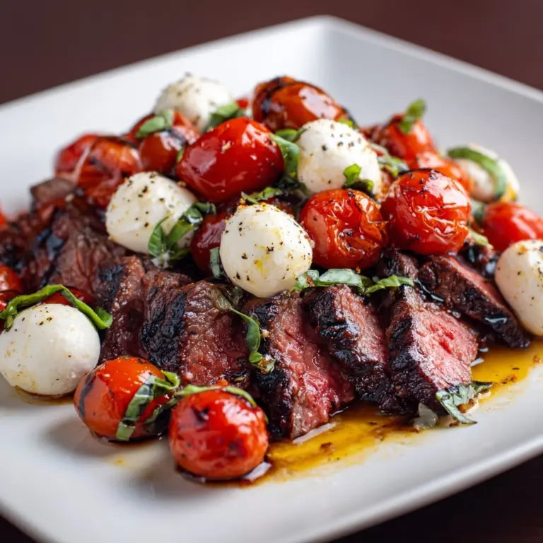 Arrange steak slices on a platter, top with Caprese mix, and drizzle balsamic glaze Recipe