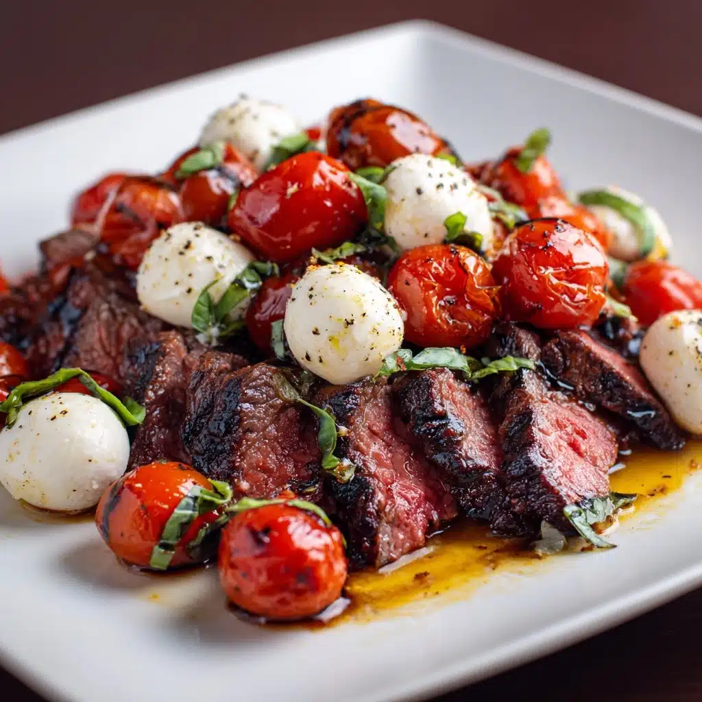 Arrange steak slices on a platter, top with Caprese mix, and drizzle balsamic glaze Recipe - Recipe Image