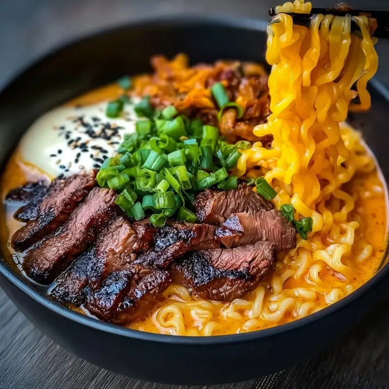 Spicy Korean Ramen with Grilled Beef & Creamy Sauce Recipe