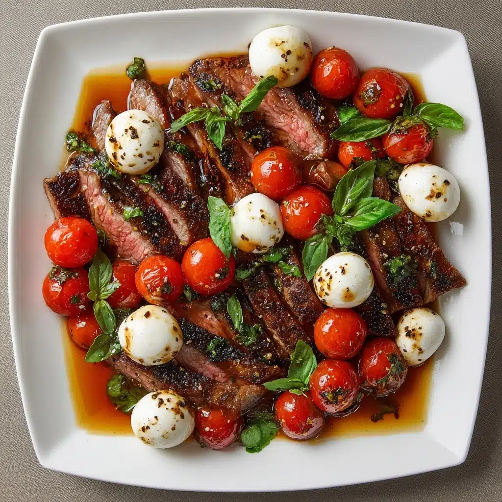 Arrange steak slices on a platter, top with Caprese mix, and drizzle balsamic glaze Recipe - Recipe Image