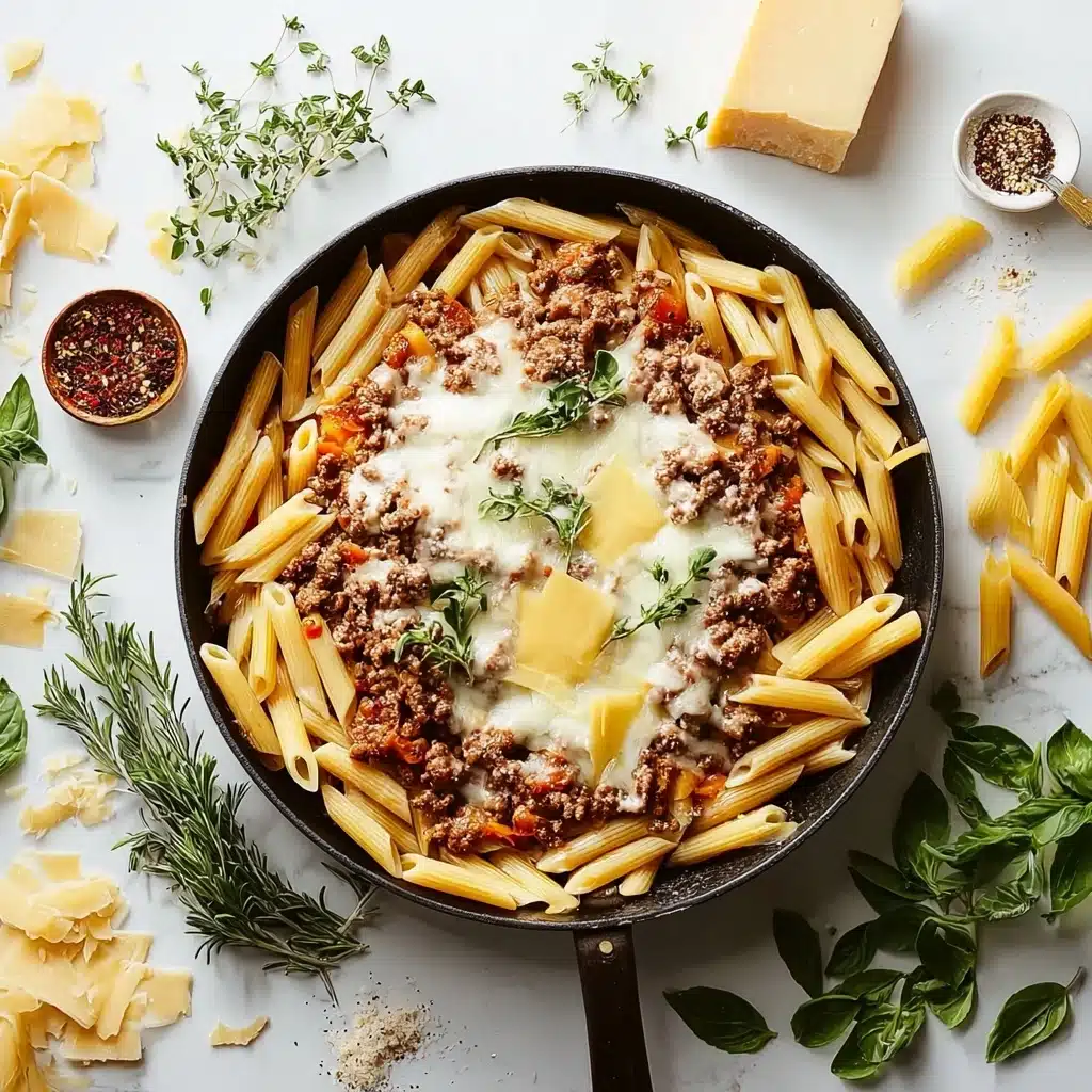 Cheesy Penne with Garlic Butter Ground Beef Recipe - Recipe Image