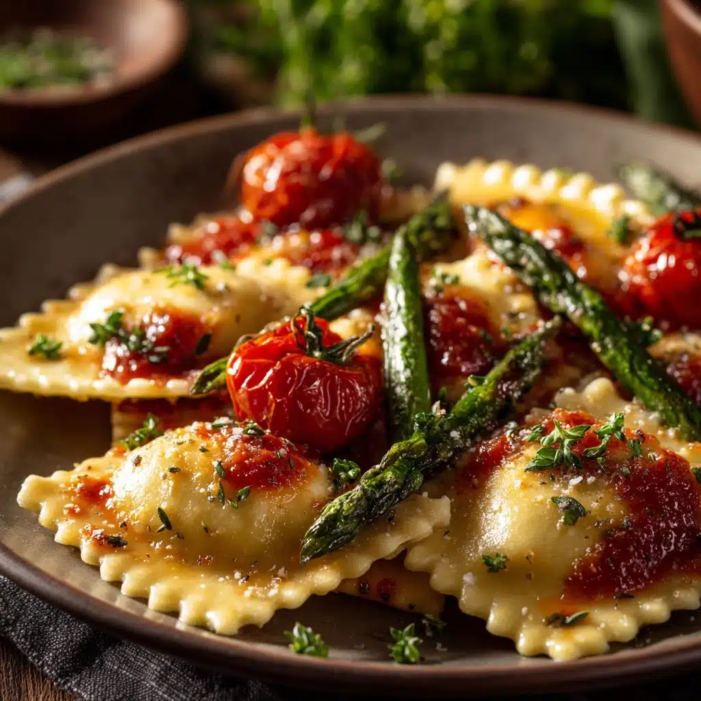 Ravioli with Tomatoes, Asparagus, Garlic, and Herbs Recipe