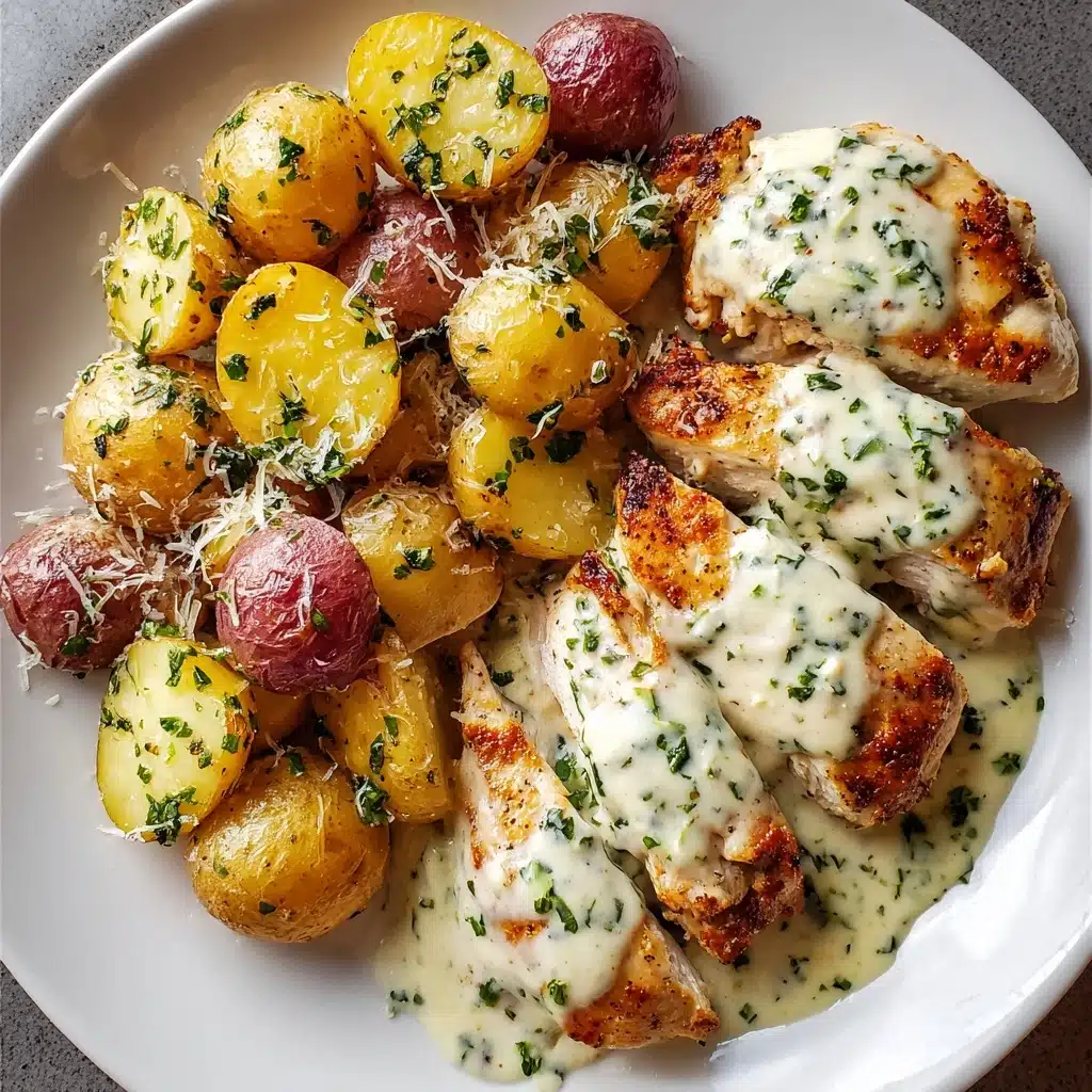 High Protein Creamy Garlic Cheesy Chicken & Potatoes Recipe - Recipe Image