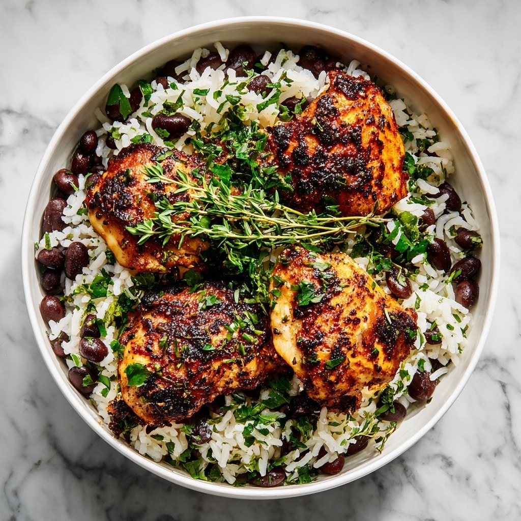 A white bowl filled with a bed of white rice mixed with small dark beans. On top, there are three pieces of browned, seasoned chicken with a crispy texture and slightly charred edges. Bright green herbs are scattered over the chicken and rice, and a small sprig of fresh thyme rests in the center. The bowl sits on a white marbled texture. photo taken with an iphone --ar 4:5 --v 7