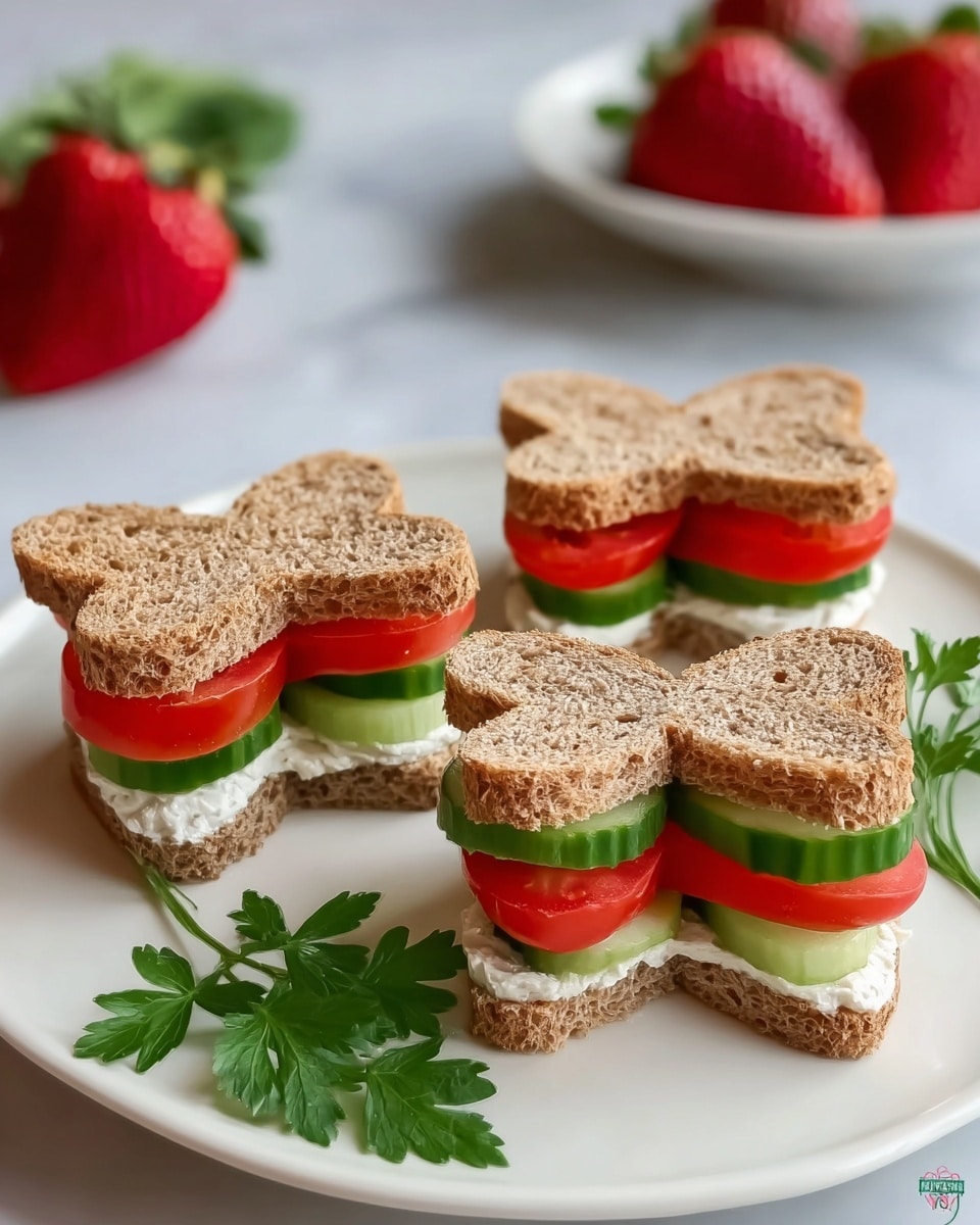 The image shows three small sandwiches shaped like butterflies, each with three visible layers between two slices of brown whole wheat bread. The bottom layer is a smooth white spread, followed by slices of bright green cucumber, and then topped with slices of vibrant red tomato. The sandwiches sit on a white plate, placed on a white marbled surface, with a sprig of fresh green parsley beside them. In the blurred background, there is a white plate holding a few red strawberries. Photo taken with an iphone --ar 4:5 --v 7