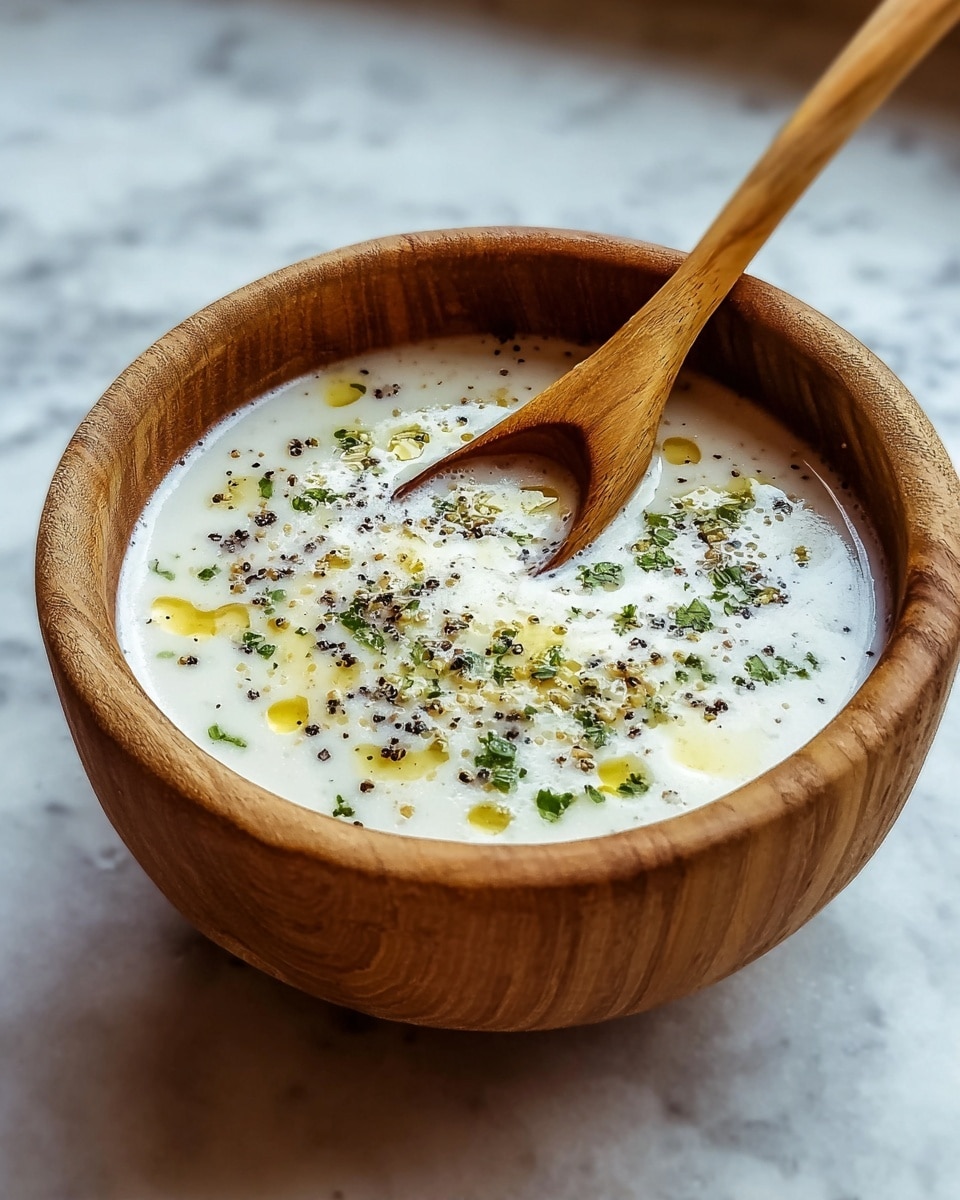 A wooden bowl filled with a creamy white soup, topped with small green herb flakes and black pepper specks, along with a drizzle of golden oil on the surface. A wooden spoon rests inside the bowl, partially submerged in the soup, with the bowl placed on a white marbled surface. Photo taken with an iphone --ar 4:5 --v 7