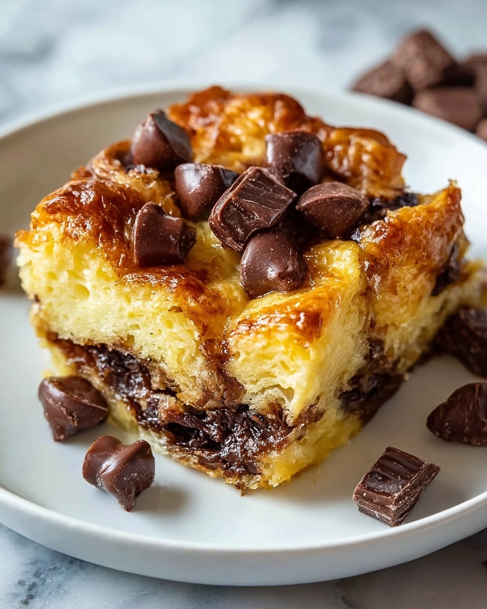 A close-up of a piece of baked bread pudding with three visible layers: the bottom layer is dark brown and gooey with melted chocolate chips, the middle layer is light yellow and soft bread soaked in custard, and the top layer is golden and shiny with a slightly crispy texture. On top, there are large, dark brown chocolate chips and small chocolate chunks scattered around. The bread pudding is on a white plate set on a white marbled surface. Photo taken with an iphone --ar 4:5 --v 7