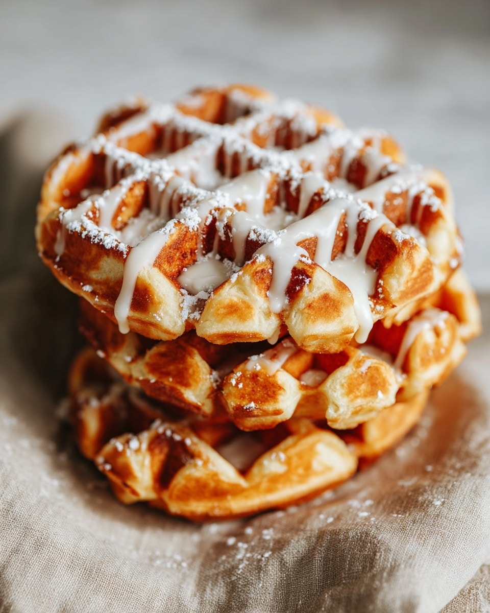 Three small golden brown waffles with a crispy texture are stacked closely on a light beige cloth. Each waffle has a grid pattern with thick, glossy white icing drizzled unevenly across the top and some powdered sugar sprinkled lightly. The waffles have a warm, inviting look with soft edges and sunlight casting gentle shadows behind them. The background is a white marbled texture. photo taken with an iphone --ar 4:5 --v 7