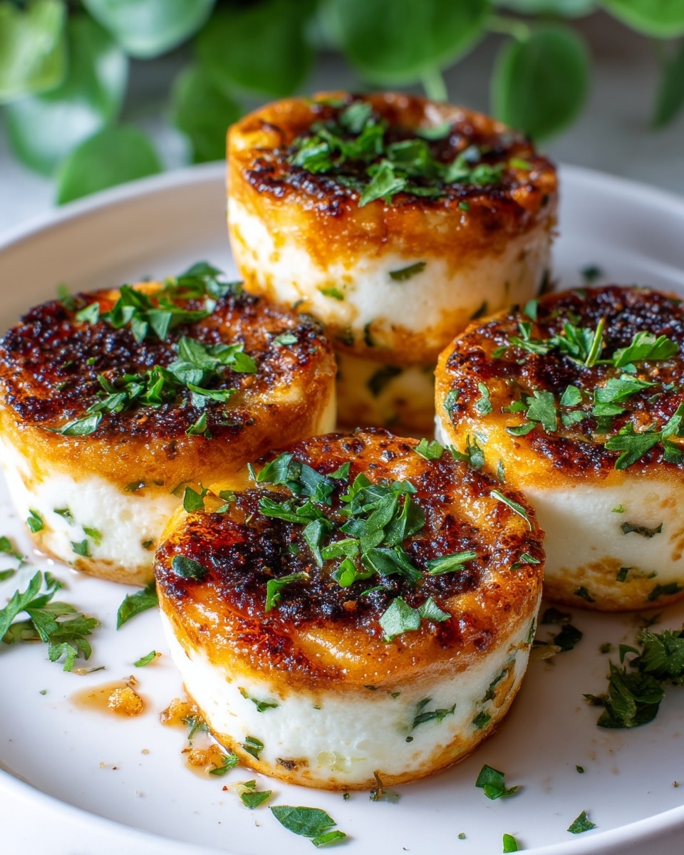 The image shows five round savory egg bites arranged closely on a white plate, each bite having two main layers: a golden brown top layer with a crispy, slightly charred texture mixed with bits of green herbs, and a thick creamy white bottom layer that looks soft and smooth. The top layer is unevenly caramelized with small browned spots and is sprinkled with fresh chopped green parsley. The egg bites are plump and have a moist appearance, sitting on the white plate with a few scattered bits of herbs around. The background is softly blurred green foliage, giving a fresh and natural look. Photo taken with an iphone --ar 4:5 --v 7