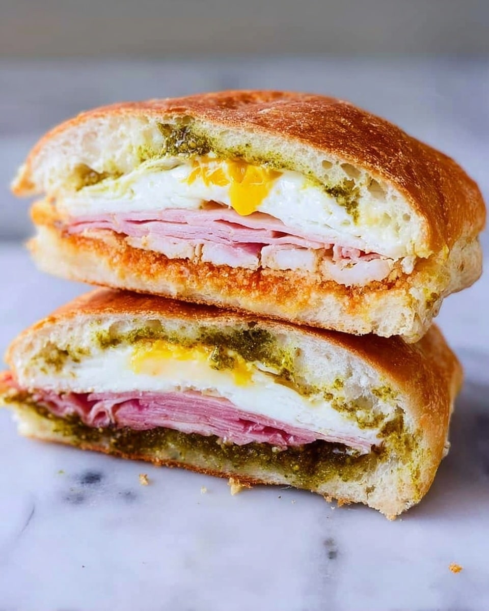 The image shows a sandwich cut in half, stacked with two pieces. The sandwich has a white, toasted ciabatta bread with a light brown crust and soft air pockets inside. Inside, there are three visible layers: the bottom layer is thin, flat pepperoni slices with a reddish color, above that is a layer of pink ham, and on top of the ham is a layer of melted white cheese that looks soft and smooth. Above the cheese is a spread of green pesto sauce with small bits and a slightly oily texture. The sandwich is placed on a white marbled surface. photo taken with an iphone --ar 4:5 --v 7