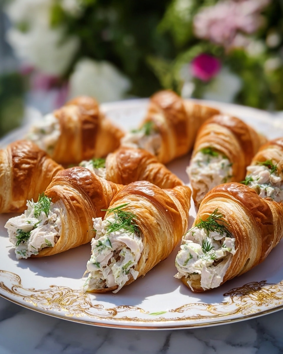 The image shows a white plate with gold decorations around the edge, holding nine croissant cones. Each croissant cone is golden brown with a shiny, flaky texture, shaped like a small hollow horn. The inside of each cone is filled with a creamy mixture of white chicken pieces and finely chopped green herbs, giving a fresh and rich contrast to the crackly croissant exterior. The plate is placed on a white marbled surface with blurred greenery and flowers in the background, suggesting an outdoor or bright setting. photo taken with an iphone --ar 4:5 --v 7