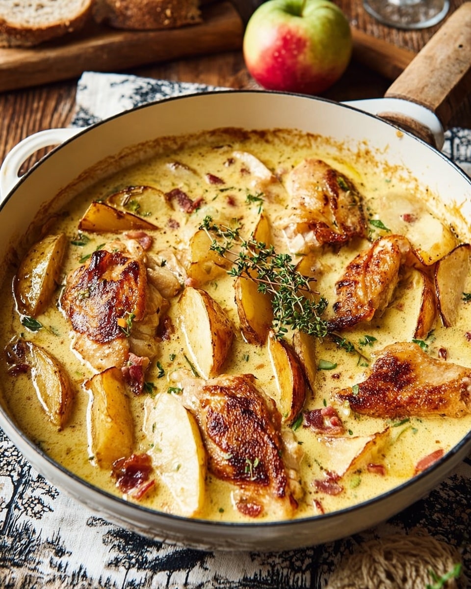 A large white pan filled with several pieces of browned chicken skin and chunks of golden brown roasted potatoes sitting in a creamy light yellow sauce with small green herb bits scattered throughout, a silver spoon resting inside the pan on the right side; the pan is placed on a beige cloth with dark botanical prints, with a white bowl containing extra roasted potato wedges in the foreground and a round loaf of bread and apple fruit blurred in the background against a white marbled surface photo taken with an iphone --ar 4:5 --v 7