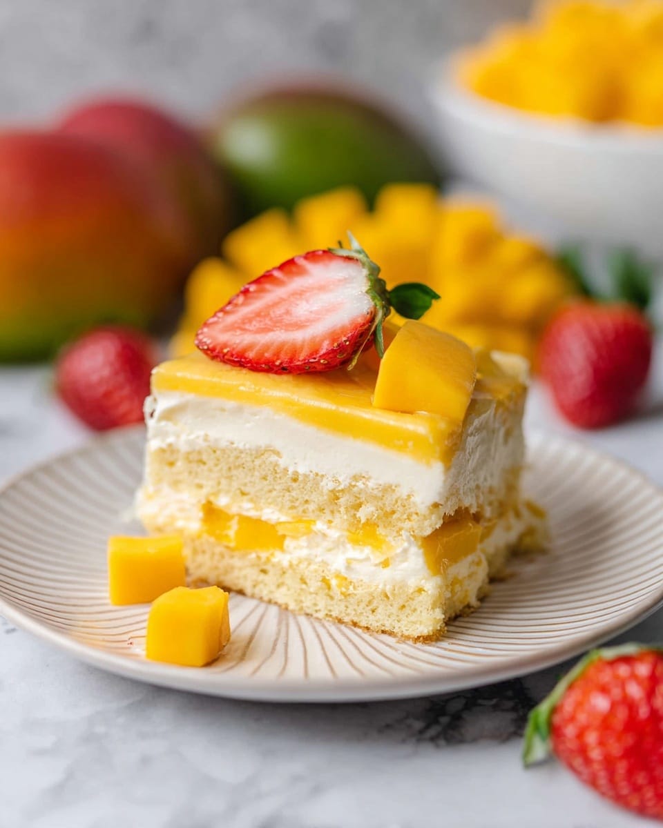 A slice of three-layered mango dessert is served on a white plate with fine lines radiating from the center. The bottom layer is light and fluffy yellow cake, the middle layer is creamy white custard, and the top layer is a smooth pale yellow mango-flavored cream. Small bright orange mango cubes are scattered on top and around the plate. A halved strawberry with its red and white flesh and green leaves sits on the mango cream layer. The background shows blurred whole mangoes, strawberries, and a white bowl filled with mango cubes, all set on a white marbled surface. photo taken with an iphone --ar 4:5 --v 7