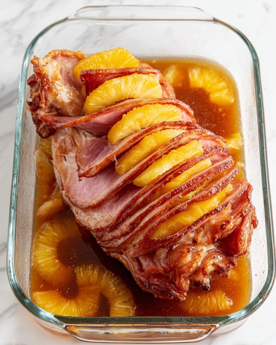 The image shows a cooked ham placed on a wooden cutting board with green rosemary sprigs beneath and around it. The ham has multiple layers, each separated by golden-yellow pineapple rings and glazed reddish-brown slices of bacon or similar meat, arranged in a crisscross pattern over the top and sides. The ham itself is pink with a textured, glazed surface, and some slices are visible at the bottom right. The background is a white marbled surface with a white cloth that has a green checkered pattern placed behind the cutting board. Photo taken with an iphone --ar 4:5 --v 7