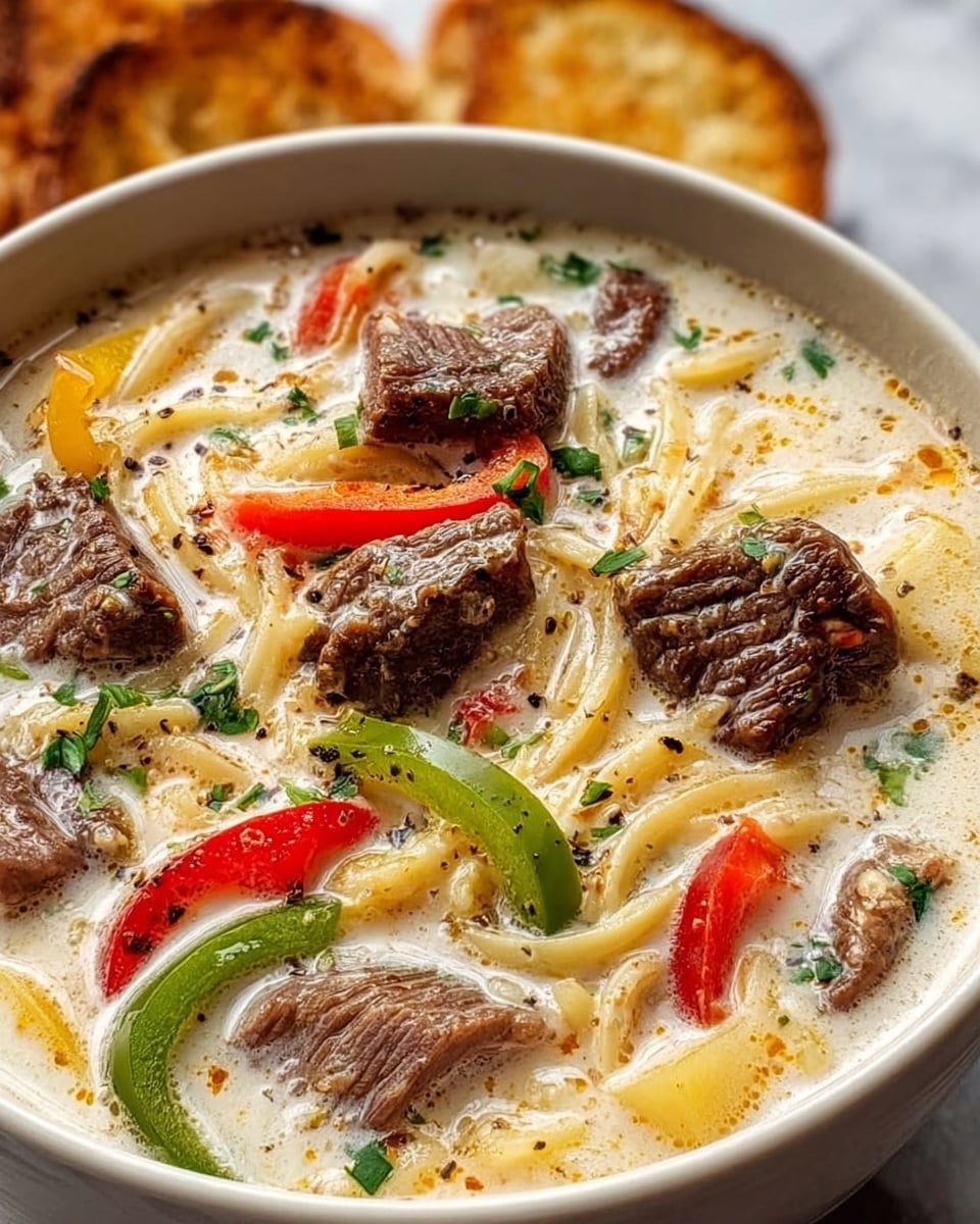 The image shows a white bowl filled with a creamy soup that has a light beige color. Floating on top are several pieces of tender, browned beef with a slightly rough texture, along with slices of red and green bell peppers adding bright color. There are small noodle pieces scattered throughout the soup, and tiny bits of green herbs sprinkled on the surface. The soup has a smooth, thick texture with a slightly oily sheen, and a woman's hand is holding the edge of the bowl. In the background, a piece of golden brown bread with a crispy crust is visible on a white marbled surface. Photo taken with an iphone --ar 4:5 --v 7