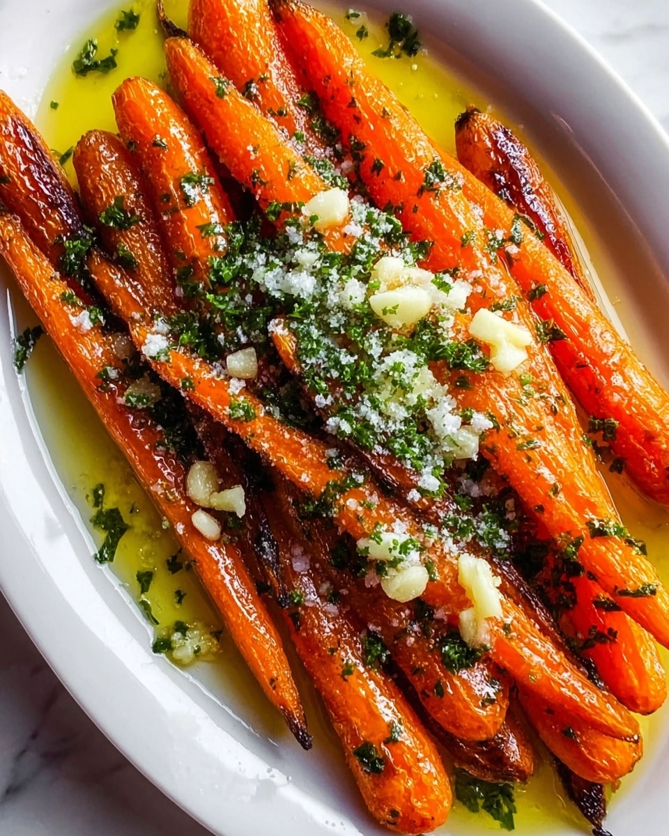 A white oval plate holds a single layer of roasted carrots with a deep orange color and some charred dark spots, arranged side by side with their thin ends pointing in the same direction. The carrots are topped with small chunks of pale yellow garlic and sprinkled with finely chopped green herbs and coarse white salt crystals. A glossy layer of golden oil spreads around the carrots on the white marbled surface beneath the plate, enhancing their shiny texture. Photo taken with an iphone --ar 4:5 --v 7