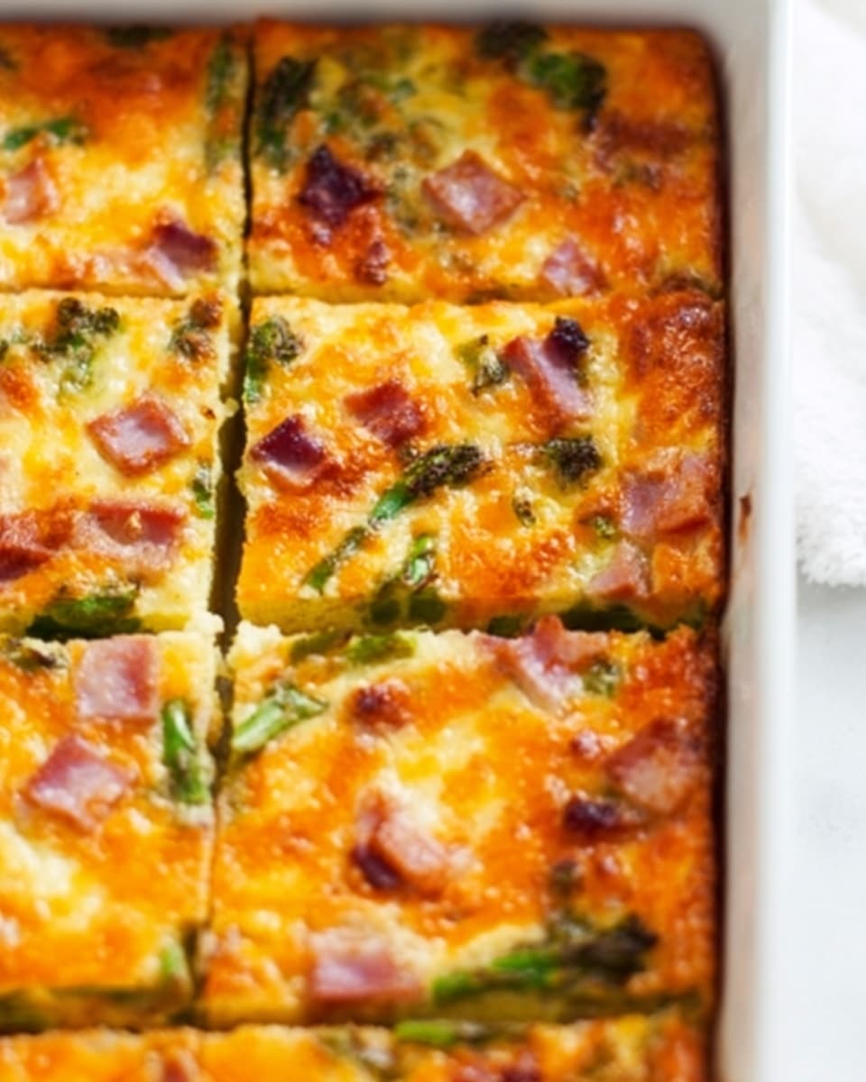 A white plate holds a slice of a layered vegetable and ham quiche with a smaller piece cut out and placed nearby, showing three main layers: the bottom layer is light green broccoli florets, the middle layer is creamy with bits of pink ham, and the top layer is golden melted cheddar cheese with crispy reddish ham pieces and green broccoli bits. The quiche’s texture looks soft and slightly firm with a few crispy brown edges. The plate is set on a white marbled surface with a piece of light brown paper partially underneath. Photo taken with an iphone --ar 4:5 --v 7