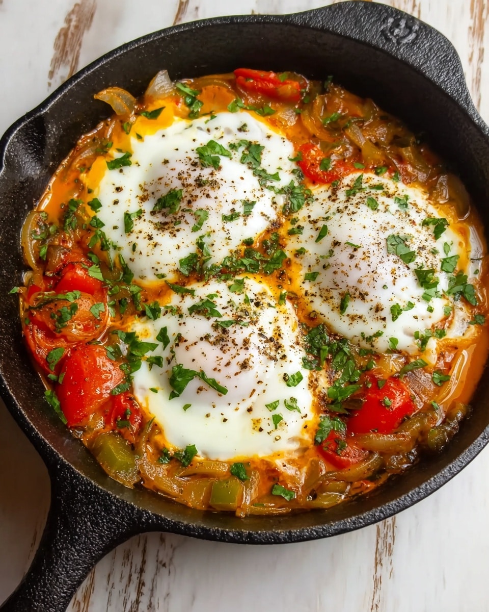 A black cast iron skillet holds a dish with three cooked eggs with soft white whites and runny yellow yolks partially covered by white, melted cheese. Underneath, there is a mix of diced red tomatoes and green bell peppers, along with cooked onions that have a golden-brown texture. Fresh green herbs are sprinkled over the eggs and vegetables. The skillet lies on a white marbled textured surface that contrasts with the dark pan. Photo taken with an iphone --ar 4:5 --v 7