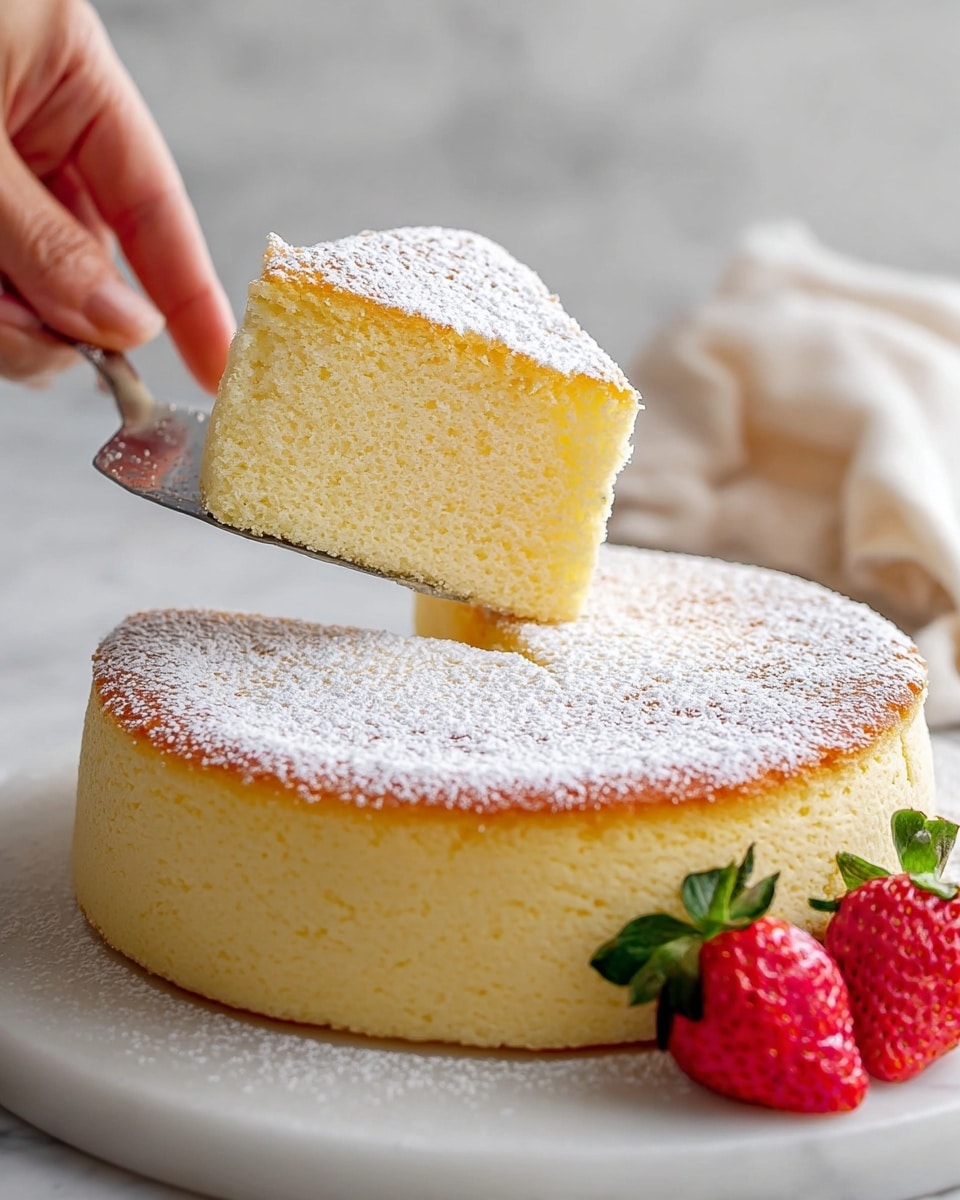 The image shows a round, soft yellow sponge cake with one slice being lifted by a metal spatula. The cake has one thick layer with a light golden brown top dusted evenly with fine white powdered sugar. The texture of the cake looks fluffy and moist. The cake sits on a white round marble stand with two fresh bright red strawberries with green leaves placed in front. A woman's hand with a fingertip gently touches the edge of the slice, showing scale and delicacy. The background and surface are a clean white marbled texture with soft, neutral lighting. photo taken with an iphone --ar 4:5 --v 7