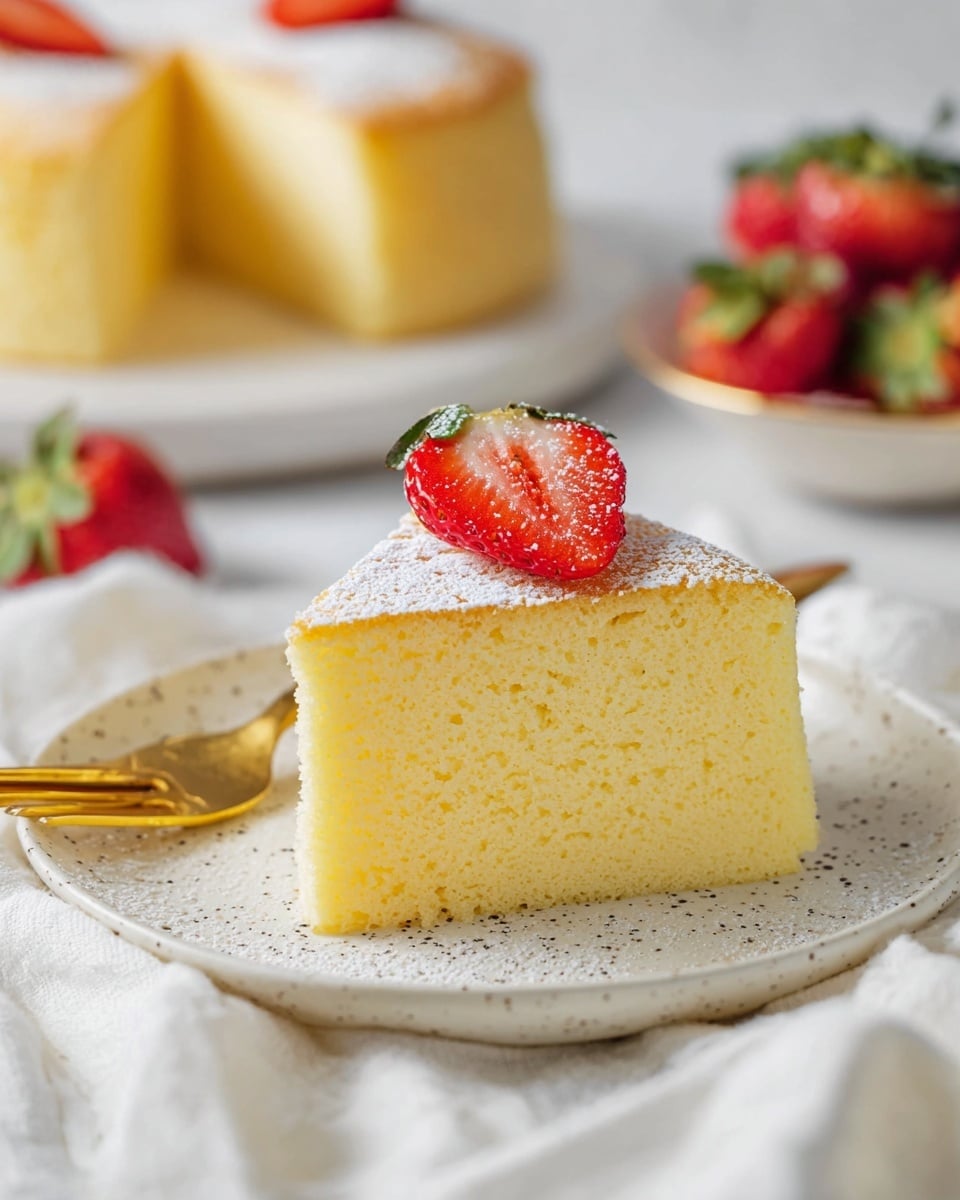 A soft, light yellow sponge cake slice sits on a white speckled plate, dusted with powdered sugar on top. A fresh red strawberry, cut in half, rests on the very top layer of the cake. The cake texture appears fluffy and moist with a smooth surface on the sides. Next to the plate, a gold fork lies on a white cloth. In the blurred background, another cake slice and whole strawberries are visible on a white marbled surface. photo taken with an iphone --ar 4:5 --v 7