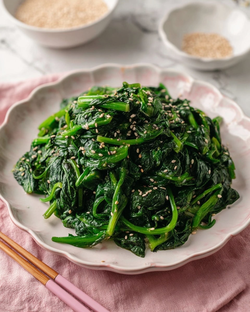 A white scalloped plate holds a pile of cooked dark green spinach with a shiny, slightly wet texture, showing both leaves and stems. The spinach is mixed with small white sesame seeds sprinkled evenly on top. The plate sits on a soft pink cloth over a white marbled surface. In the background, part of another white scalloped bowl with light beige sesame seeds is visible, and a pair of chopsticks with light pink tips lies near the plate. photo taken with an iphone --ar 4:5 --v 7