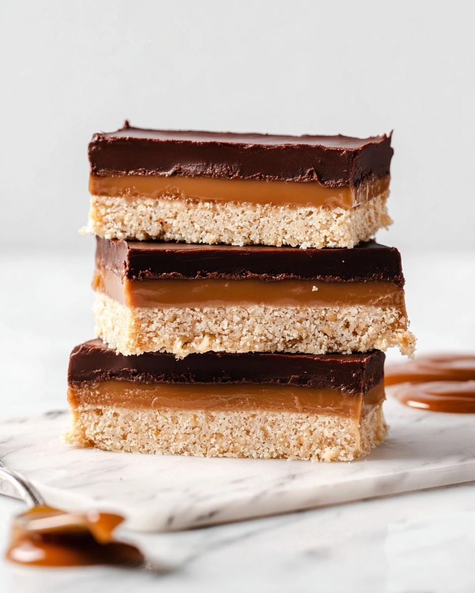 The image shows three rectangular bars stacked on top of each other on a white marbled surface. Each bar has three layers: a bottom crumbly light beige layer with a rough texture, a middle smooth caramel-colored layer with a creamy look, and a top dark brown glossy chocolate layer that is smooth and slightly shiny. The bars are neatly cut and the edges reveal the distinct layers. A small spoon with some caramel sauce is partially visible on the side. Photo taken with an iphone --ar 4:5 --v 7