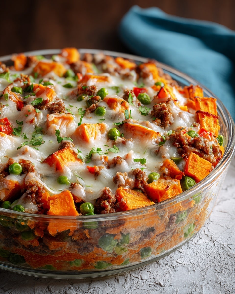 A clear glass round casserole dish shows a baked meal with three visible layers: the bottom layer contains cooked green peas and diced red and green bell peppers, the middle layer has bright orange chunks of roasted sweet potatoes, and the top layer is covered in browned ground meat pieces mixed with melted white cheese and small green herb sprinkles. The dish is placed on a blue cloth over a white marbled surface. photo taken with an iphone --ar 4:5 --v 7