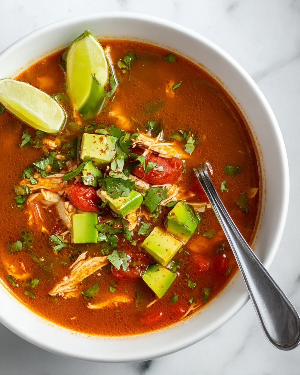 A white bowl filled with a rich orange-red soup base contains visible shredded chicken pieces in light beige, chunks of bright green avocado, and diced red tomatoes, topped with green chopped cilantro leaves. A lime wedge with a light green outer edge and pale yellow interior sits on top of the soup near the rim of the bowl. A shiny silver spoon rests inside the bowl, partially submerged in the soup, and the bowl is placed on a white marbled surface. Photo taken with an iphone --ar 4:5 --v 7