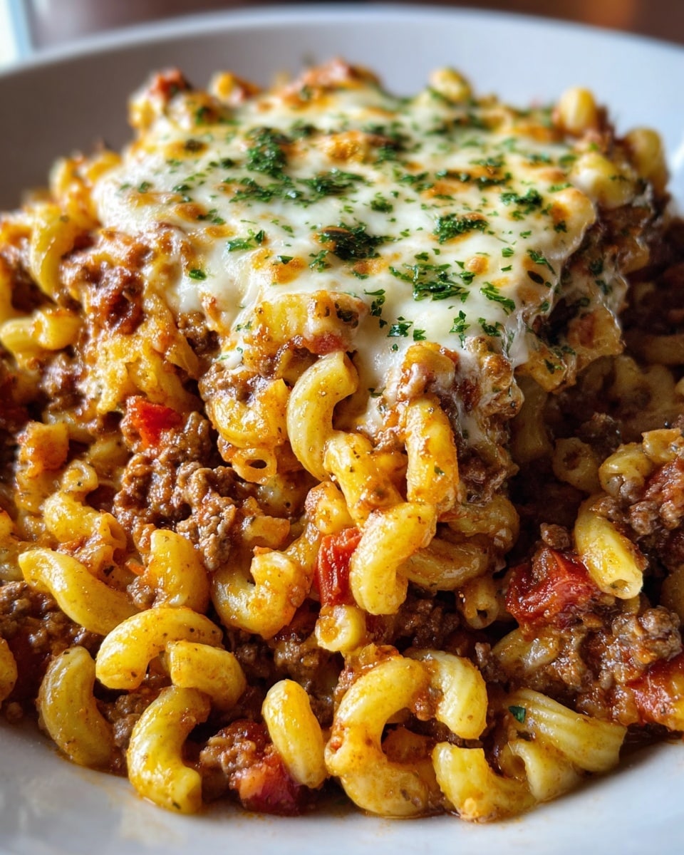 The image shows a close-up of a baked pasta dish in a white rectangular ceramic dish. The pasta is elbow macaroni, covered with melted cheese that looks creamy and slightly browned in spots. On top, there are visible chunks of ground meat mixed with diced bright red tomatoes, scattered evenly across the dish. Small green herb bits are sprinkled on the surface, adding a fresh touch. The cheese has a gooey texture blending with the pasta and meat, creating a rich and hearty look. The background is a white marbled texture. Photo taken with an iphone --ar 4:5 --v 7