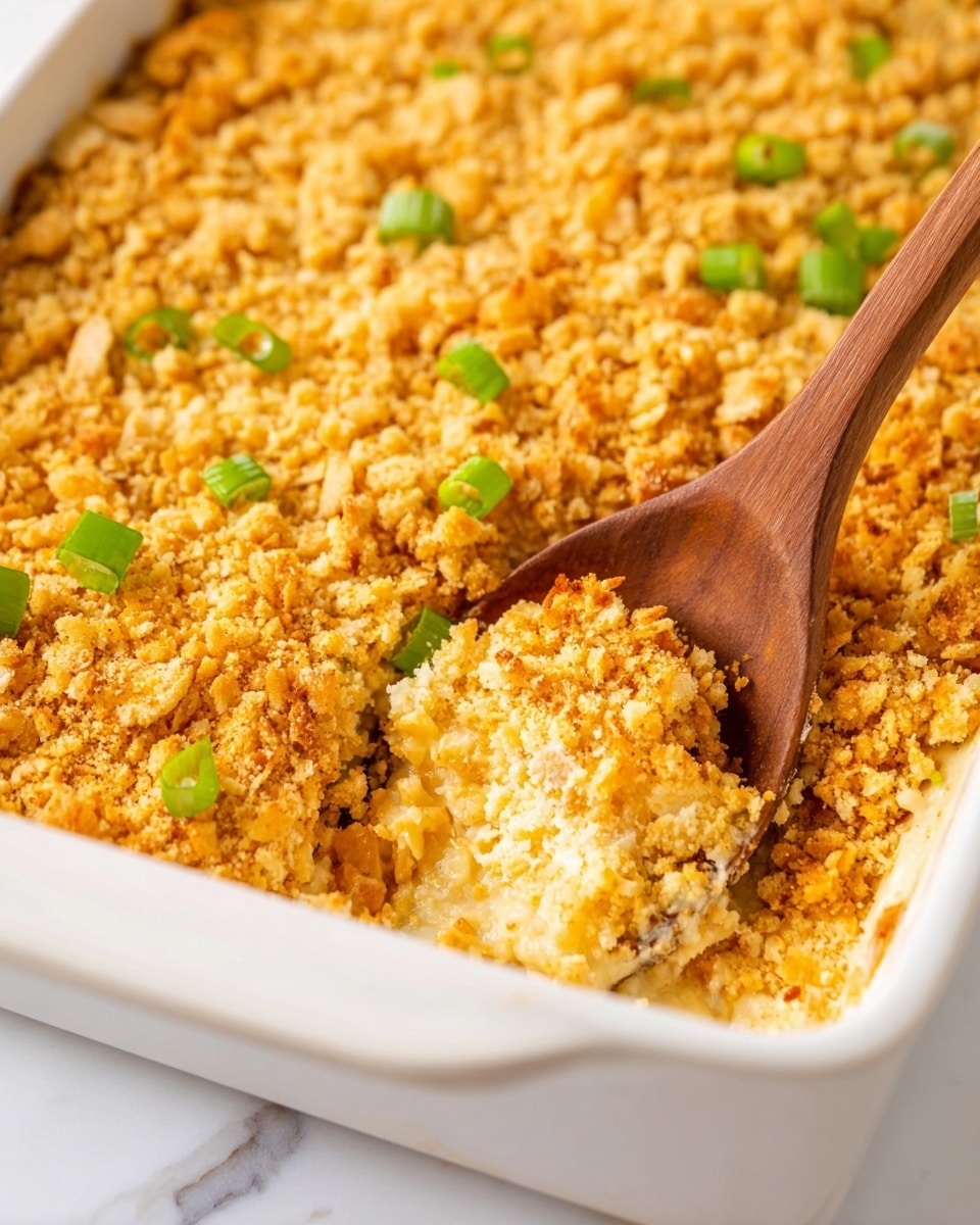 A close-up of a white baking dish filled with a baked casserole that has a thick, crunchy golden brown crumb topping with small chunks and bits spread evenly across the surface, dotted with fresh green scallion slices. A wooden spoon scoops out a portion showing a soft, creamy, pale yellow inside layer beneath the crumb topping, revealing a smooth texture contrasting with the crumbly top. The white marbled surface is clean around the baking dish. Photo taken with an iphone --ar 4:5 --v 7
