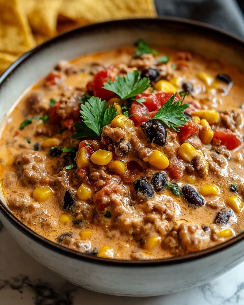 A close-up view of a thick creamy stew served in a white bowl with a dark rim, showing a mixture of ground meat, whole black beans, yellow corn kernels, and chopped red tomatoes, all coated in a light orange creamy sauce. There are three layers visible: the bottom layer is the creamy sauce with small chunks of meat and vegetables, the middle layer consists of whole black beans and yellow corn pieces, while the top layer has small bits of red tomato pieces and fresh green parsley leaves garnishing the dish. The bowl is placed on a white marbled surface with some blurred tortilla chips in the background. Photo taken with an iphone --ar 4:5 --v 7