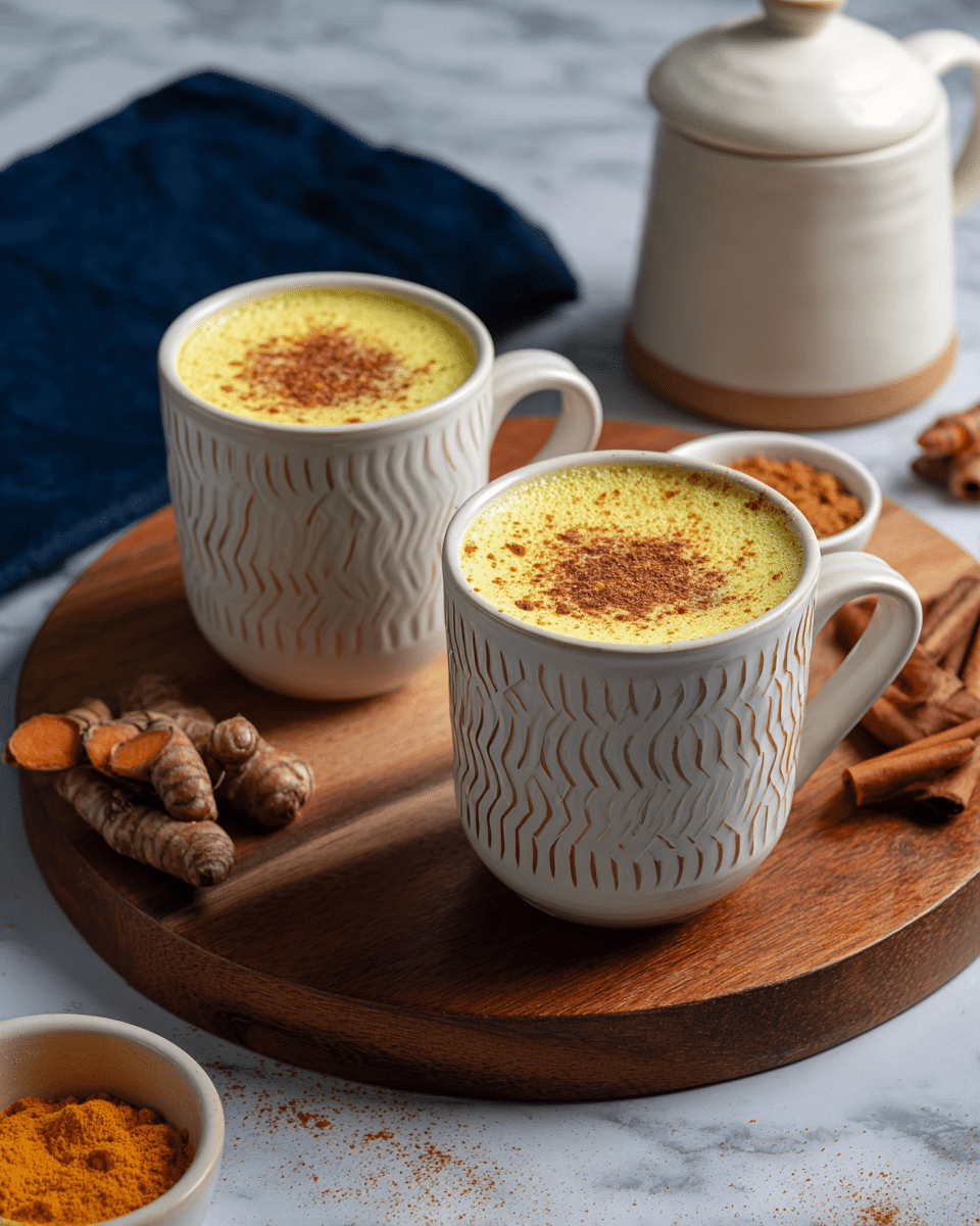 Two white ceramic mugs with a textured zigzag and vertical line pattern are placed on a round wooden board. Each mug is filled with a yellow frothy drink, topped with a sprinkle of brown cinnamon powder. Around the wooden board, there are whole turmeric roots, a small white bowl of ground cinnamon, a cinnamon stick, and a white ceramic pot with a lid. The scene is set on a white marbled surface with a dark blue cloth partially visible in the background. photo taken with an iphone --ar 4:5 --v 7