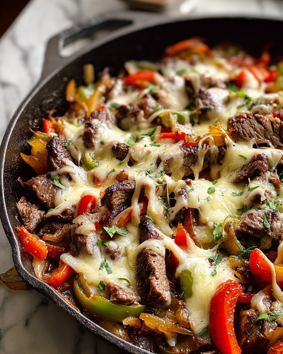 A close-up of a black pan filled with cooked sliced steak pieces scattered over a mix of sautéed red and green bell peppers and onions, all topped with melted white and light yellow cheese that stretches and covers the layers. The steak pieces are brown and juicy, the vegetables are soft with a slight roasted look, and small green herbs are sprinkled on top for decoration. The background shows a blurred white marbled texture surface. Photo taken with an iphone --ar 4:5 --v 7