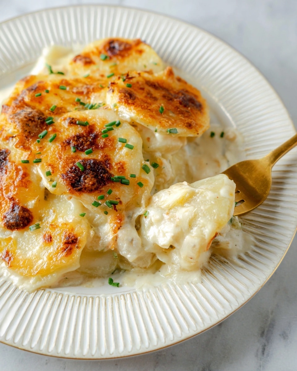 A close-up of creamy scalloped potatoes served on a white plate with fine ribbed edges, showing about three layers of thinly sliced, light yellow potatoes coated with a smooth white cheese sauce. The top layer is golden brown and bubbly with small green chive pieces sprinkled on top. A gold fork holds a scoop revealing the soft, tender potato slices beneath the cheesy crust. The surface beneath the plate is a white marbled texture. Photo taken with an iphone --ar 4:5 --v 7