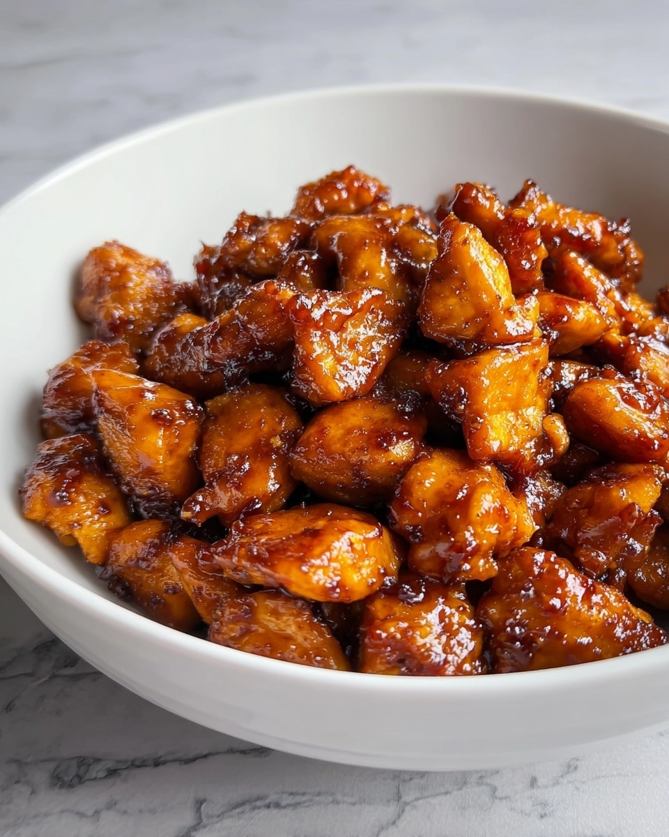 A white bowl filled with bite-sized pieces of cooked chicken coated in a dark, glossy sauce, showing a shiny and sticky texture. The chicken pieces are layered closely together in the middle of the bowl, with rich brown and orange hues from the sauce. The background is a white marbled texture, adding brightness to the image. The photo is taken up close to focus on the texture and shine of the saucy chicken pieces. photo taken with an iphone --ar 4:5 --v 7