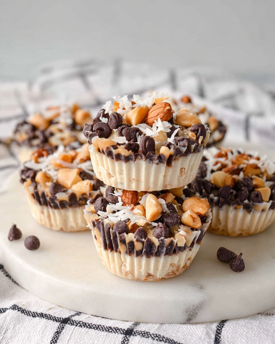 The image shows a close-up of four small round treats stacked on a white marble board. Each treat has three layers: a light beige bottom layer that looks creamy and firm, a middle layer studded with many dark brown chocolate chips, and a top layer covered with a mix of dark chocolate chips, chopped golden-brown nuts, and some white shredded coconut strands, giving a textured and colorful topping. The treats are held in white paper cups with ridged sides. In the background, there is a white cloth with a black grid pattern on a white marbled surface. Photo taken with an iphone --ar 4:5 --v 7