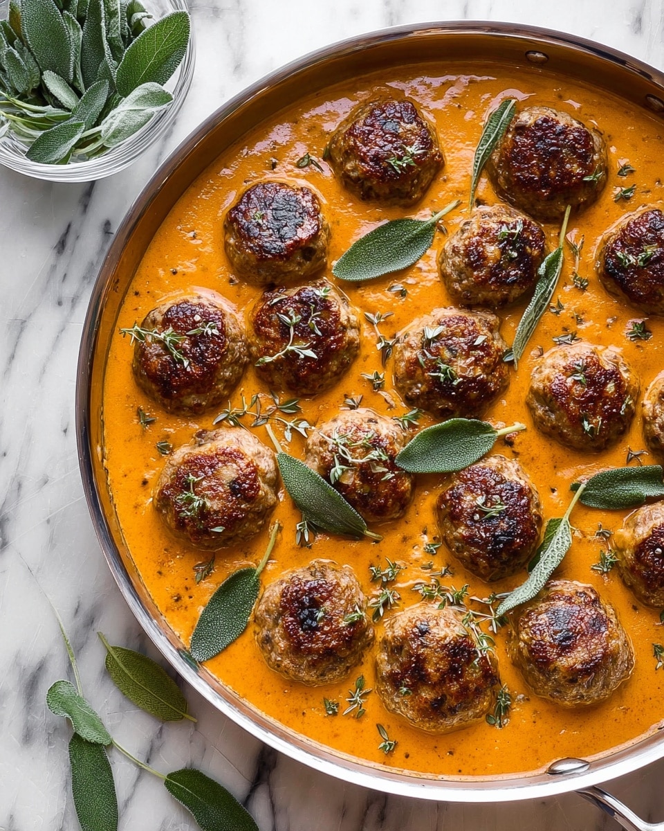 A round silver pan filled with a thick orange creamy sauce as the bottom layer, smooth with a rich texture. On top, evenly spaced browned meatballs with a slightly crispy outside, each showing a golden-brown color with small herbs sprinkled on them. Scattered fresh sage leaves with a deep green color and velvety texture are placed between the meatballs for decoration. The pan sits on a white marbled surface with a small bundle of fresh sage leaves visible in a clear bowl near the top left corner. photo taken with an iphone --ar 4:5 --v 7