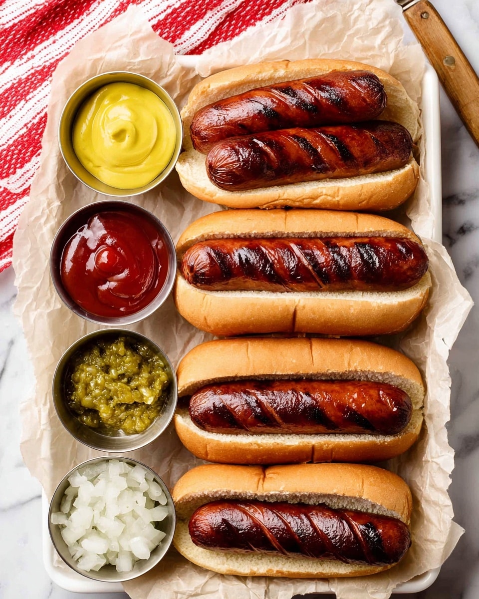Four grilled hot dogs with dark brown, slightly shiny sausages placed inside soft, light brown buns are lined up vertically on crumpled white parchment paper inside a white tray. Next to the hot dogs on the left side, there are four small round metal cups filled with different condiments from top to bottom: smooth yellow mustard, chunky green relish, white chopped onions, and thick reddish-brown ketchup. The background is a white marbled texture, and a red and white striped cloth is partially visible on the upper left side. Photo taken with an iphone --ar 4:5 --v 7