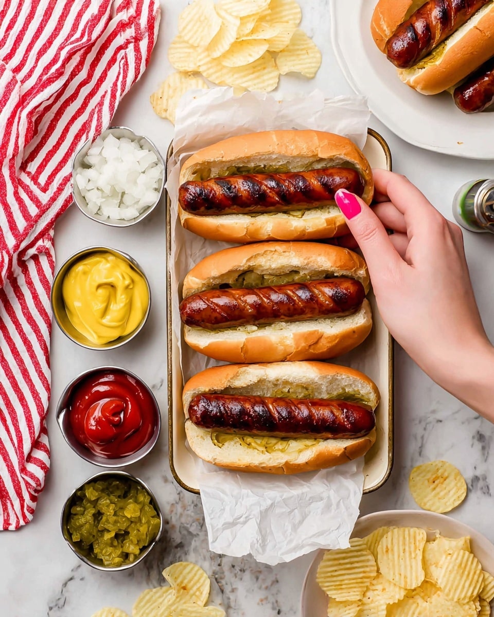 The image shows three grilled hot dogs with dark brown sausages inside soft golden brown buns, placed on white parchment paper in a white tray. The sausages have grill marks and a slightly glossy texture. On the left side of the tray, there are four small metal cups with different toppings: bright yellow mustard, green relish, chopped white onions, and red ketchup, all with smooth or chunky textures. A woman's hand with pink nail polish is holding the top hot dog. To the top right, a white plate with another hot dog and some crinkled potato chips is partially visible, while more chips are scattered on a white marbled surface beneath the tray. A red and white striped towel is on the left side of the scene. photo taken with an iphone --ar 4:5 --v 7