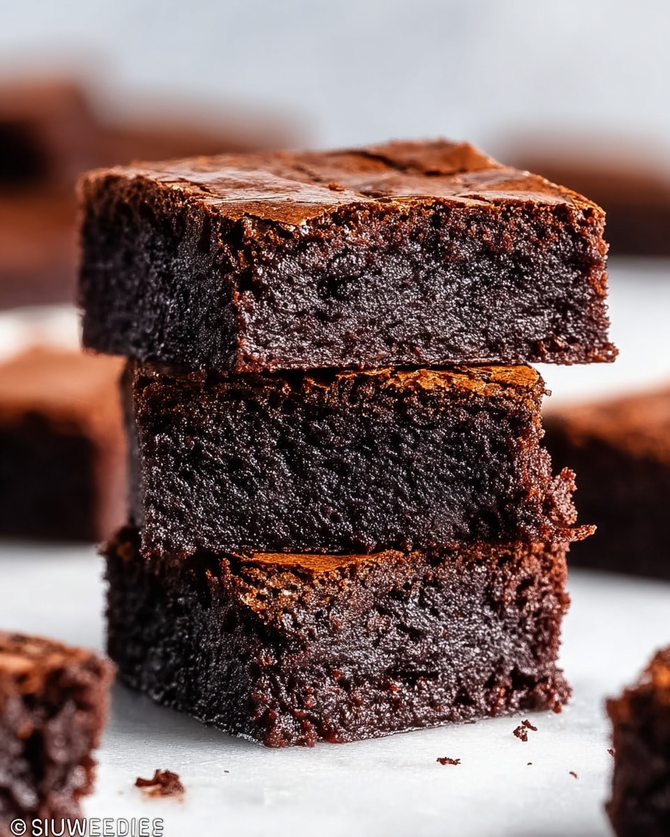 The image shows a stack of three rich chocolate brownies placed on a white marbled surface. Each brownie is thick, with a deep dark brown, almost black, dense and fudgy interior layer. The top layer of the brownies is a shiny, slightly cracked crust that is a lighter brown color with a crisp texture. The edges are firm, and small crumbs surround the stack, adding to the homemade feel. In the background, blurred brownies can be seen on the same white marbled surface. Photo taken with an iphone --ar 4:5 --v 7