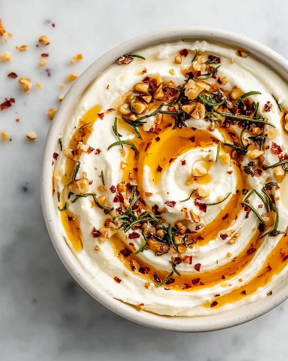 This image shows a shallow white bowl filled with three visible layers: the bottom layer is a thick, creamy white base, swirled smoothly to create soft peaks. The second layer is an amber-colored oil, drizzled in a swirl pattern on top of the creamy base. The third layer consists of small pieces of green rosemary leaves, chopped walnuts, and tiny red chili flakes, scattered evenly over the oil. The bowl sits on a white marbled surface, and small nut pieces are visible around the bowl edges. photo taken with an iphone --ar 4:5 --v 7