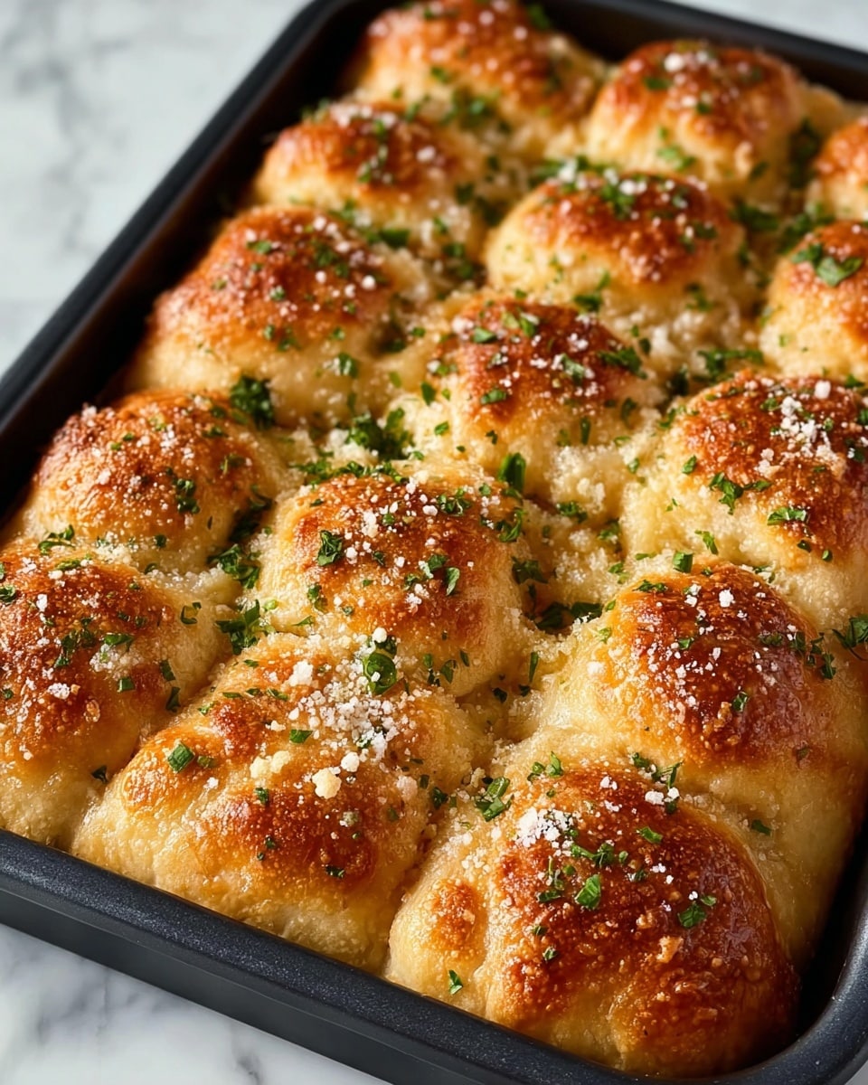 A golden brown garlic pull-apart bread in a rectangular non-stick baking pan, showing an uneven top surface with rounded, puffed-up pieces of soft bread that are separated by visible cracks. The bread is sprinkled with coarse white parmesan cheese and scattered fresh green parsley leaves on top. The baking pan sits on a white marbled surface with a white cloth partially visible. The bread's texture looks fluffy inside with a slightly crispy crust on the outside. photo taken with an iphone --ar 4:5 --v 7