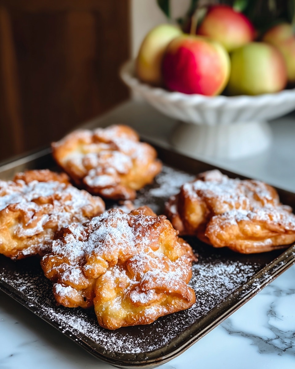 The image shows four golden-brown fried pastries with an irregular, crinkled shape on a dark baking tray. Each pastry is sprinkled generously with white powdered sugar, which also dusts parts of the tray. The pastries vary slightly in size, with a crispy texture visible along their edges, showing light and dark golden spots highlighting the fried dough. In the background, there is a white bowl filled with various apples, placed on a white marbled surface. The scene is softly lit, creating a warm and cozy feeling. Photo taken with an iphone --ar 4:5 --v 7
