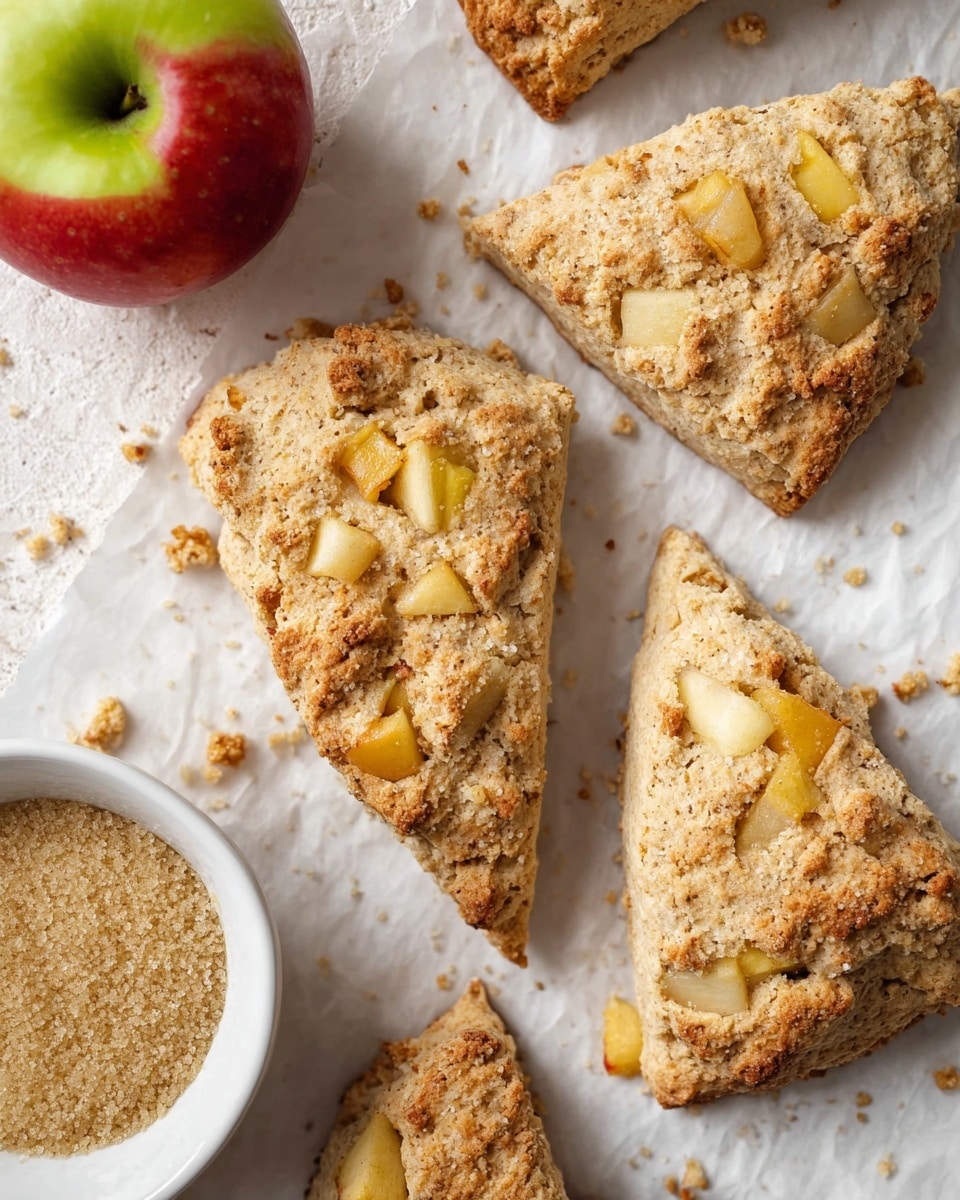 The image shows several triangular scones with a rough, crumbly texture scattered on white crumpled paper on a white marbled surface. Each scone has small chunks of yellow apple embedded in the light brown dough. At the top left edge of the image, there is a whole red and green apple and a white bowl filled with coarse light brown sugar sitting on a textured white cloth. There are small crumbs scattered around the scones, adding to the rustic feel of the scene. photo taken with an iphone --ar 4:5 --v 7