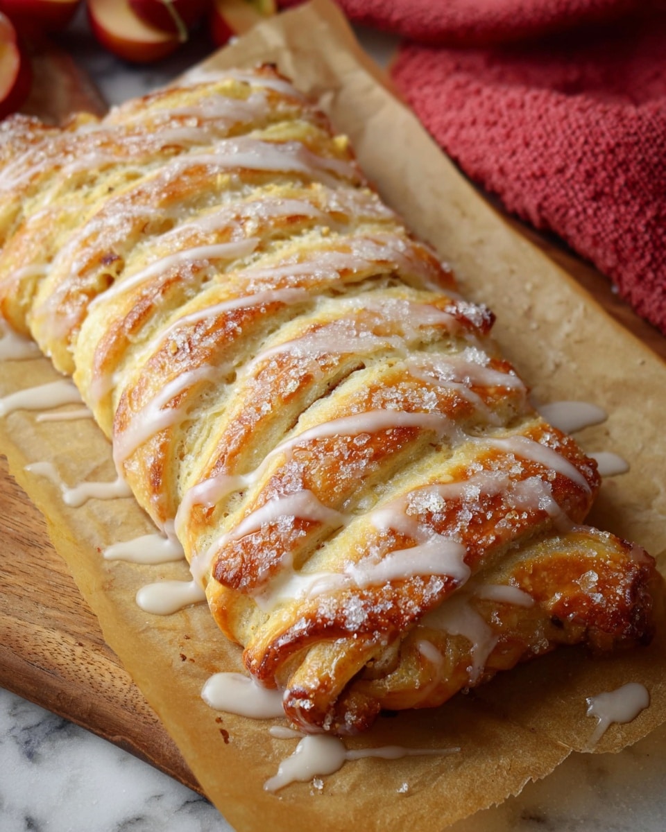 A golden brown braided pastry sits on a piece of light brown parchment paper, which has a shiny glaze and a few drips of white icing on and around it. The pastry has five thick diagonal layers of dough that are twisted over a visible filling, showing a slightly uneven, flaky texture. The top is sprinkled with a light dusting of sugar, adding a sparkly finish. The background is a white marbled surface with red cloth partially visible in the corner and some reddish fruit pieces just out of focus. Photo taken with an iphone --ar 4:5 --v 7