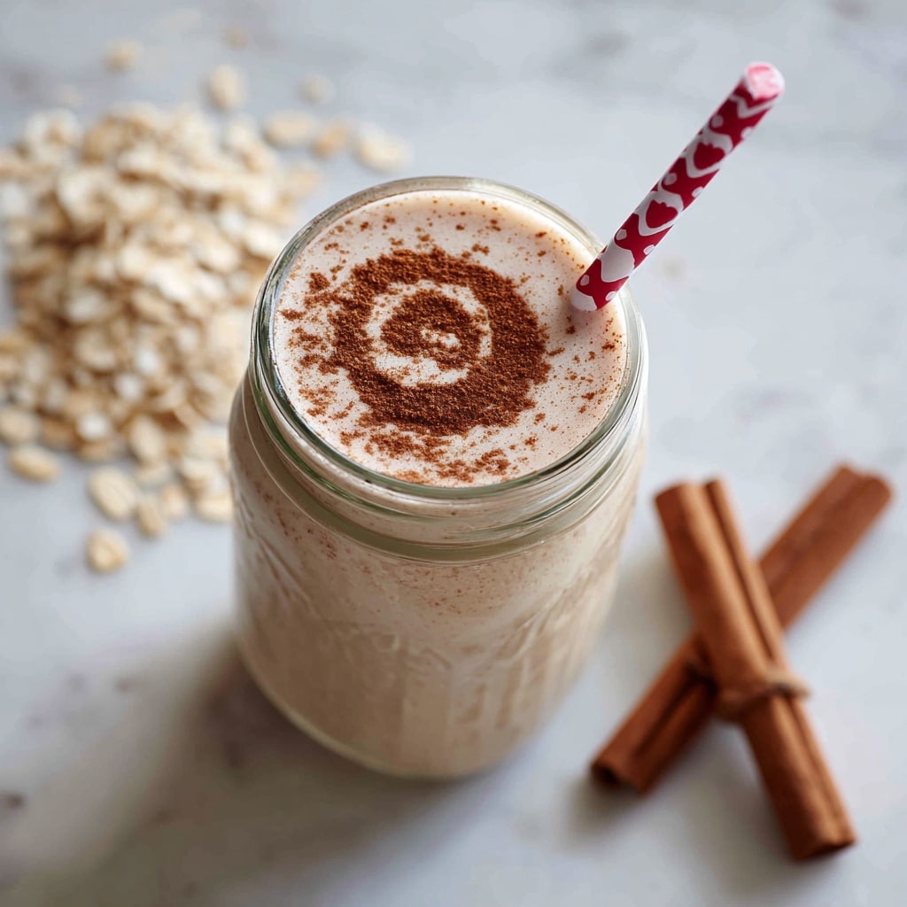 A clear glass jar filled with a creamy light beige smoothie topped with a swirl of brown cinnamon powder, with a red and white straw featuring heart patterns inserted on the right side. In the background, two cinnamon sticks and a small pile of oats rest on a white marbled surface. The scene is simple and cozy, focusing on the smoothie's texture and the cinnamon details. Photo taken with an iphone --ar 4:5 --v 7