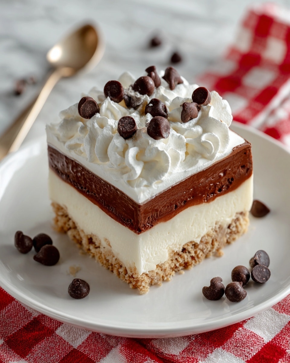 A square dessert with four clear layers sits on a white plate. The bottom layer is crumbly and light brown, resembling a crust. Above this is a smooth, creamy white layer. The third layer is thick and dark brown, looking like chocolate pudding or mousse. The top layer is fluffy and white, like whipped cream, decorated with several small dark brown chocolate chips scattered on top and a few around the plate. The plate is placed on a red and white checkered cloth, with a white marbled surface in the background. Photo taken with an iphone --ar 4:5 --v 7