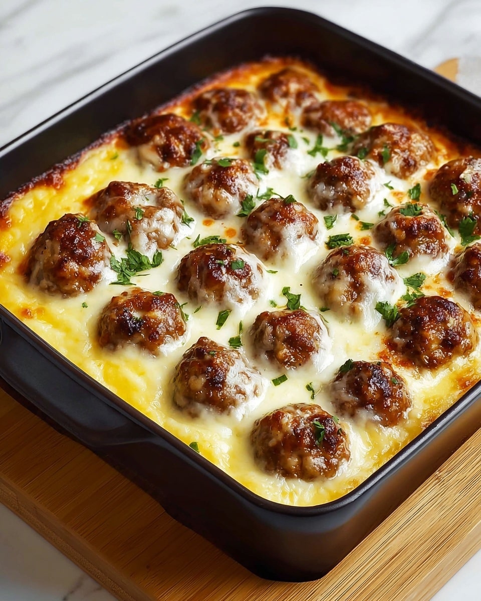 A square black baking dish filled with two layers: the bottom layer is smooth, melted golden-yellow cheese with some browned edges, while the top layer features 16 round, browned meatballs covered with stringy melted white cheese, with small green herb bits sprinkled over them. The dish is placed on a light wooden board, set against a white marbled surface. photo taken with an iphone --ar 4:5 --v 7