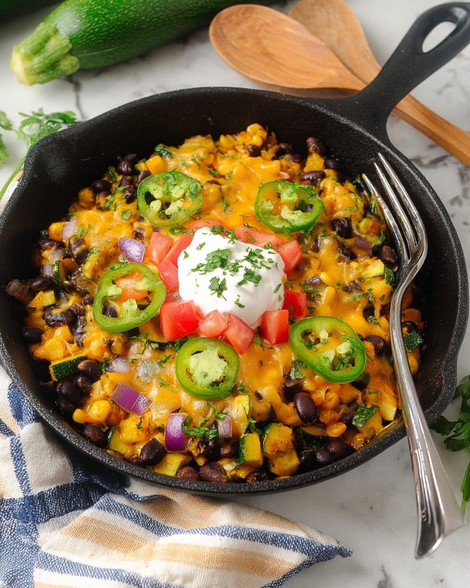 The dish is served in a black cast iron skillet filled with a colorful mix of ingredients. The base layer includes yellow corn and black beans, giving a mix of bright yellow and deep black colors with a slightly soft texture. Scattered throughout are green pieces of zucchini and light purple chunks of onion, adding fresh green and purple tones. On top, melted orange cheddar cheese covers parts of the ingredients, creating a melted, creamy layer. In the center, there is a dollop of white sour cream surrounded by small red pieces of diced tomatoes and a few green jalapeño slices. Fresh green chopped herbs are sprinkled all over, adding a touch of freshness, while a silver fork rests on the edge of the skillet. The skillet is placed on a white marbled surface with a green zucchini and a wooden spoon seen in the background, and a blue and white striped cloth is partially under the skillet. photo taken with an iphone --ar 4:5 --v 7